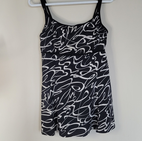 Longitude Swim Dress Suit One Piece Empire Waist Lined Black White Sz 12 EUC - Picture 3 of 9